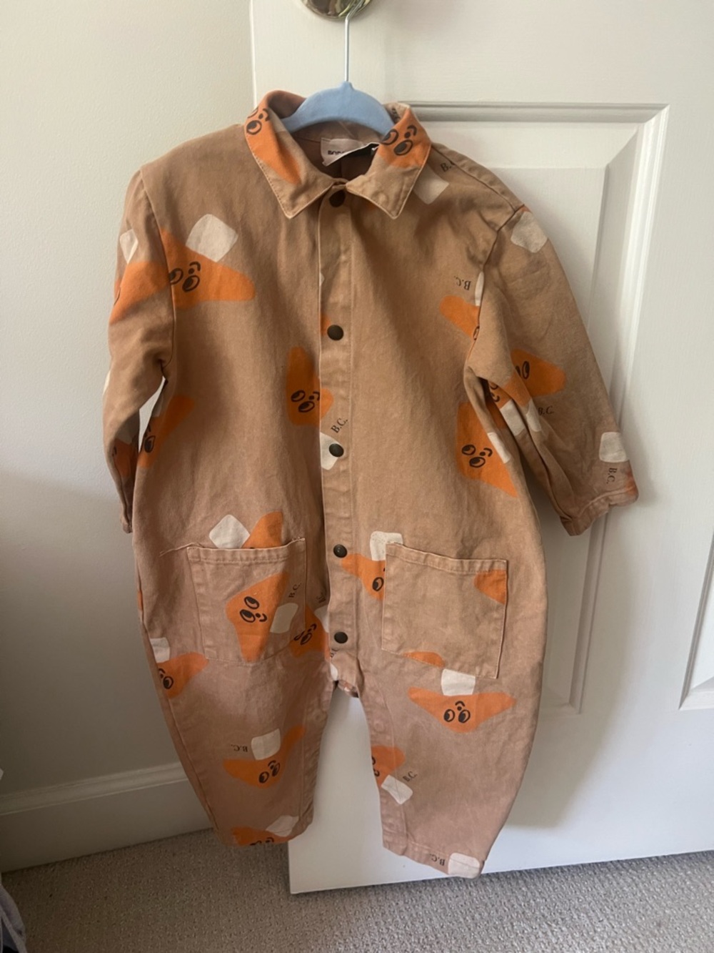 Bobo Choses Tan Romper with Orange Mushroom Graphic Jumpsuit